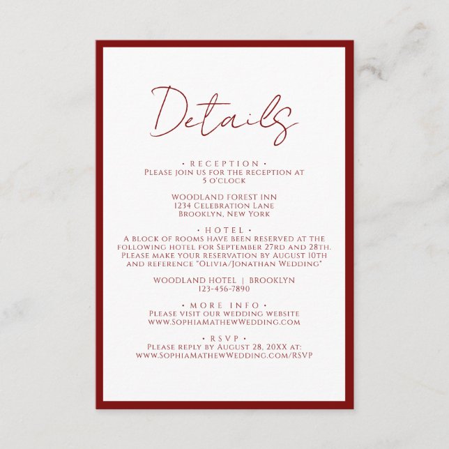 Simple Crimson Red Border Script Wedding Details Enclosure Card (Front)