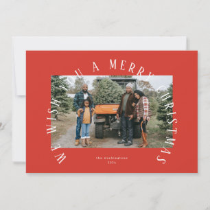 Simple Crimson Red Curved Merry Christmas Photo Holiday Card