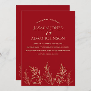 Simple Crimson Red Gold Leaves Wedding Invitation