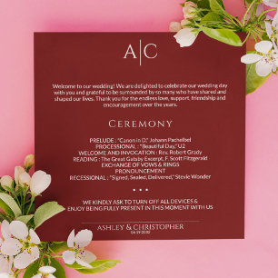 Simple Crimson Red Monogram Wedding Ceremony Programme