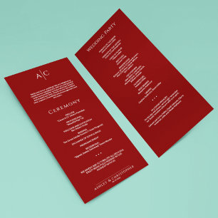 Simple Crimson Red Monogram Wedding Ceremony Programme