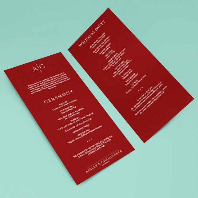 Simple Crimson Red Monogram Wedding Ceremony Programme (Creator Uploaded)