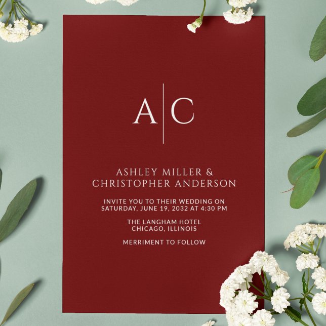 Simple Crimson Red Monogram Wedding Invitation (Creator Uploaded)
