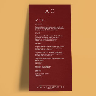 Simple Crimson Red Monogram Wedding Reception Menu