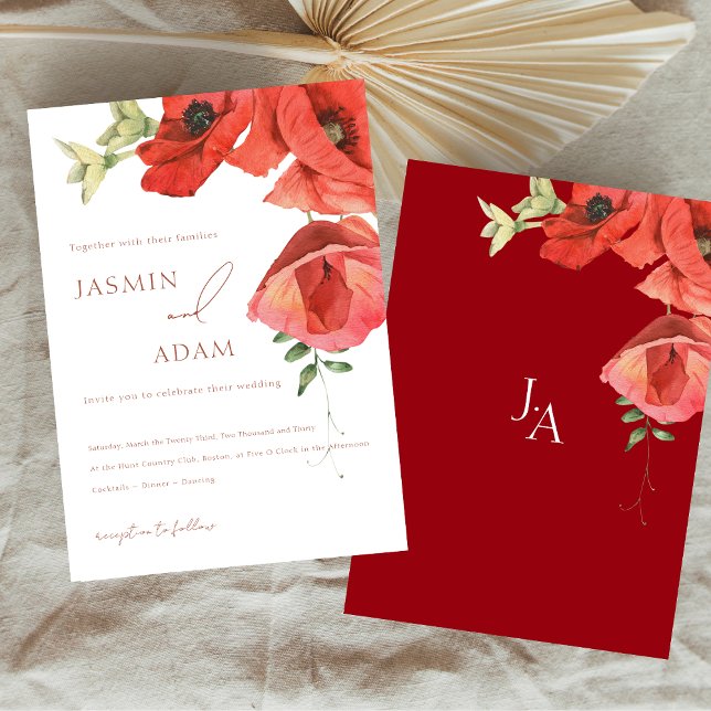 Simple Crimson Red Poppy Floral Wedding Invitation (Simple Crimson Red Poppy Floral Wedding Invitation)