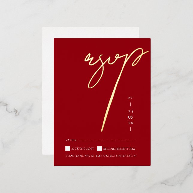 Simple Crimson Red Script Wedding RSVP Gold Foil Invitation Postcard (Front/Back)