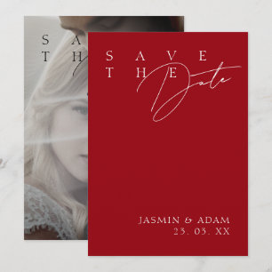 Simple Crimson Red White Modern Photo Wedding Save The Date