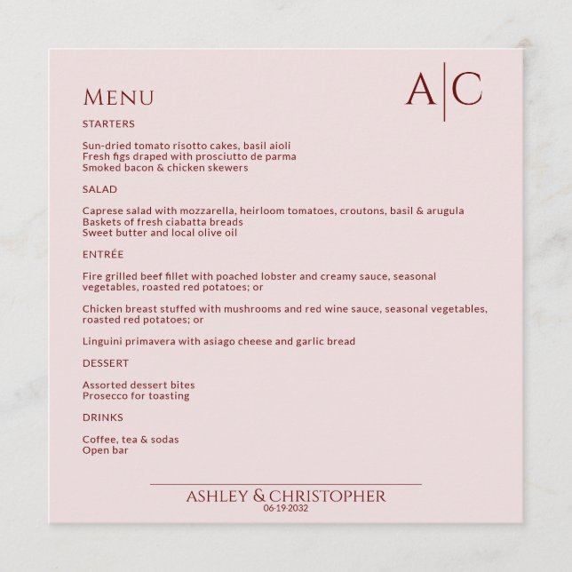 Simple Crimson & Rose Monogram Wedding Reception Menu (Front)