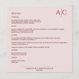 Simple Crimson & Rose Monogram Wedding Reception Menu