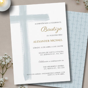 Simple Cross Boy Baptism Bautizo Dusty Blue Invitation