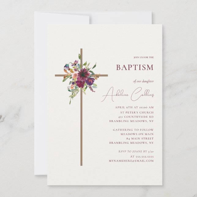 Simple Cross Burgundy Floral Minimalist Baptism Invitation (Front)