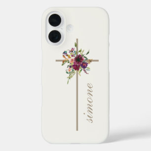 Simple Cross Burgundy Floral Personalised Name iPhone 16 Case