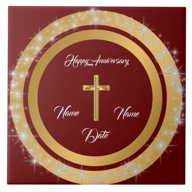 Simple Cross Customise Gold Anniversary Tile (Front)