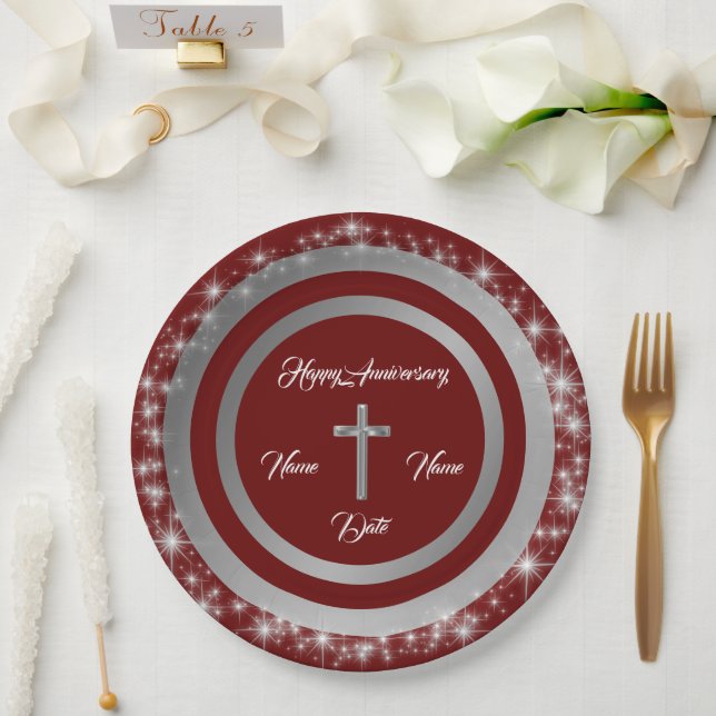 Simple Cross Customise Silver Anniversary Paper Plate (Wedding)