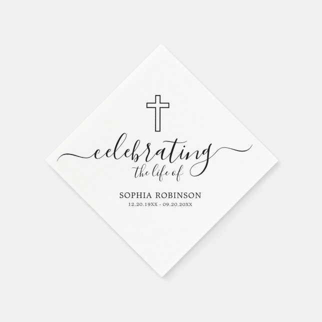 Simple Cross Elegant Script Funeral Memorial Napkin (Corner)