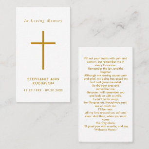 Simple Cross Funeral Memorial Gold Prayer Card