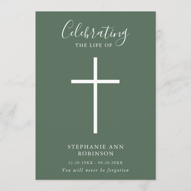 Simple Cross Funeral Sage Green Order of Service Programme (Front)