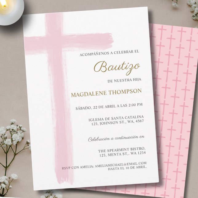 Simple Cross Girl Pink Baptism Bautizo Invitation (Creator Uploaded)