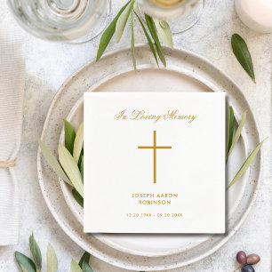 Simple Cross Gold Script Memorial Funeral Napkin
