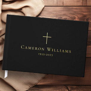 Simple cross loving memory funeral memorial black guest book