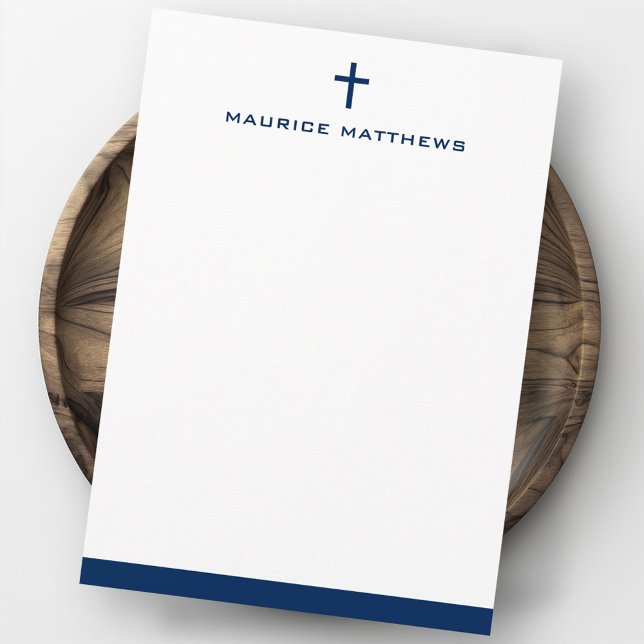 Simple cross masculine name dark blue border flat card (Simple cross masculine name dark blue border flat note card)