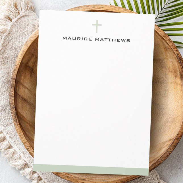 Simple cross name light sage green border flat card (Simple cross name light sage green border flat note card)