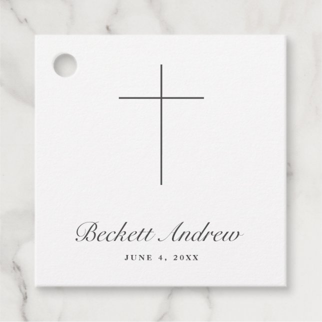 Simple Cross Script Baptism Favour Tags (Front)
