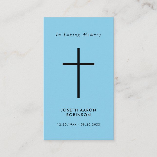 Simple Cross Sky Blue Memorial Prayer Card (Front)