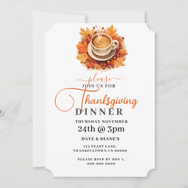Simple Cup of Coffee Fall Leaves Thanksgiving  Invitation (Front)