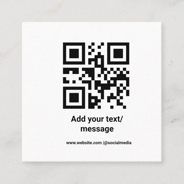 simple custom barcode add your text website QR Cla Square Business Card (Front)