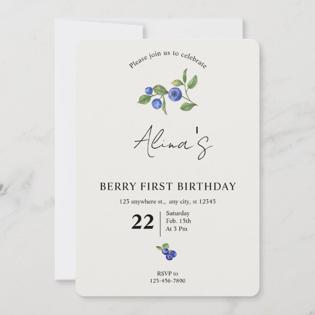 Simple Custom Berry first birthday fruit birthday  Invitation (Front)