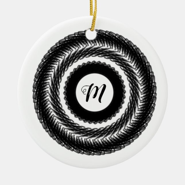 simple custom BLACK mandala monogram add your name Ceramic Tree Decoration (Front)