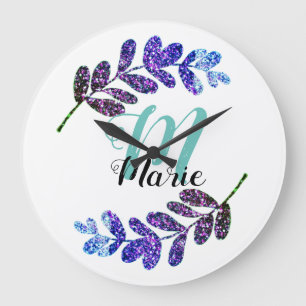 simple custom blue purple black leaves add your  t large clock