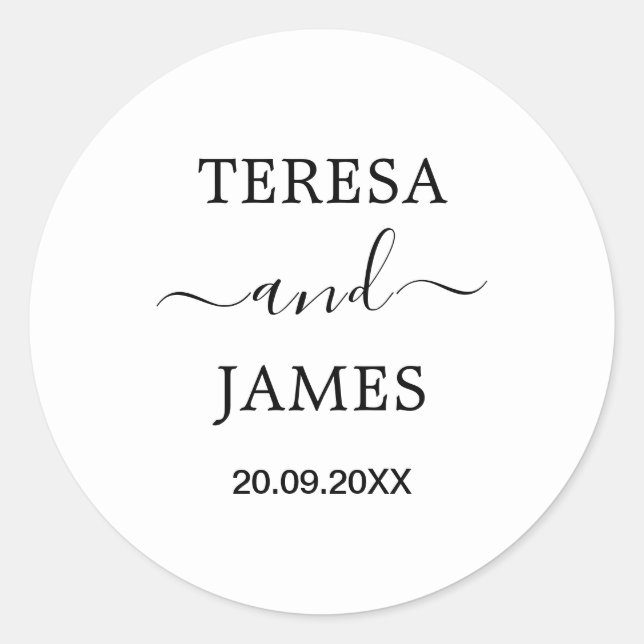 Simple Custom Bride & Groom Name Date Wedding Classic Round Sticker (Front)