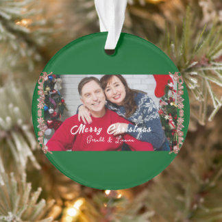 Simple Custom Christmas Couple Photo Green Ornament