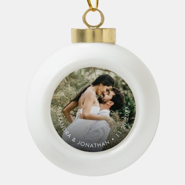 Simple Custom Couple Photo Names date Keepsake  Ceramic Ball Christmas Ornament (Front)
