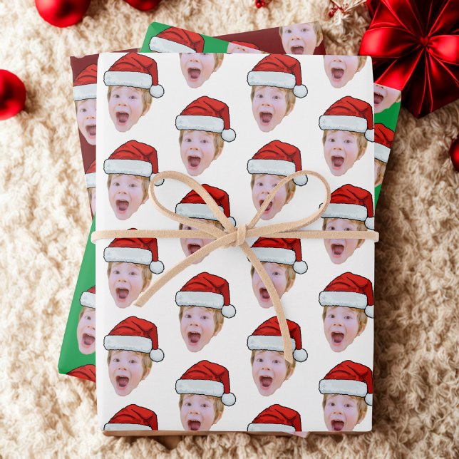 Simple Custom Face Photo Santa Claus Hat Christmas Wrapping Paper Sheet (Creator Uploaded)