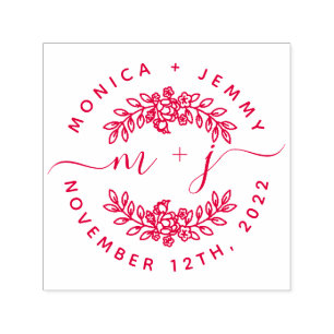 Simple Custom Leaves Initials Script Round Wedding Self-inking Stamp