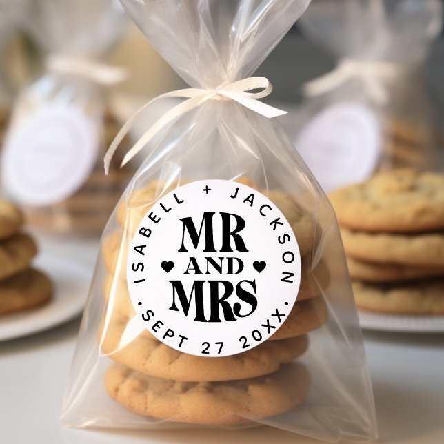 Simple Custom Mr Mrs Wedding Name Date Heart Favou Classic Round Sticker (Creator Uploaded)