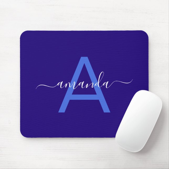Simple Custom Name & Monogrammed Blue Personalised Mouse Pad (With Mouse)