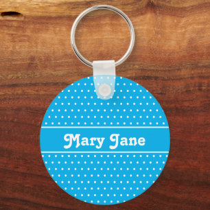 Simple Custom Name Sky Blue Polka Dot Key Ring
