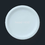 Simple custom name text light blue minimalist paper plate<br><div class="desc">Customise with name,  text minimalist light blue white Paper Plates</div>