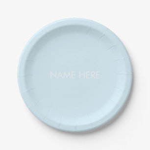 Simple custom name text light blue minimalist paper plate