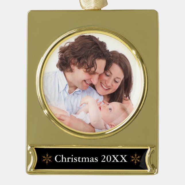 Simple Custom Photo and Text Gold Plated Banner Ornament (Front)