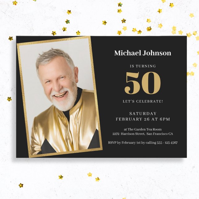 Simple Custom Photo Black Gold 50th Birthday Party Invitation (Mock Up View)