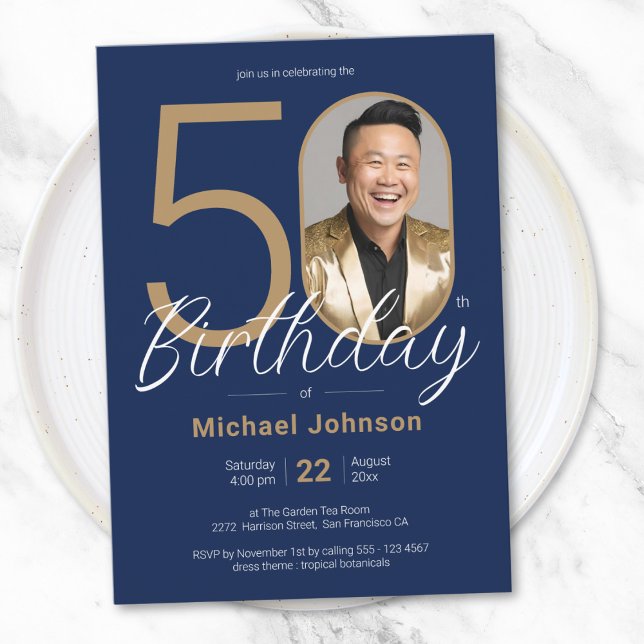  Simple Custom Photo Gold Navy Blue 50th Birthday Invitation (Simple Custom Photo Gold Navy Blue 50th Birthday Invitation)