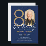 Simple Custom Photo Gold Navy Blue 80th Birthday Invitation<br><div class="desc">Simple Custom Photo Gold Navy Blue 80th Birthday Invitation. Elevate your milestone celebration with an invitation design that epitomises understated elegance and chic minimalism. Our navy blue and gold theme exudes sophistication, creating a refined atmosphere for your special day. The custom photo feature adds a personalised touch, ensuring that each...</div>