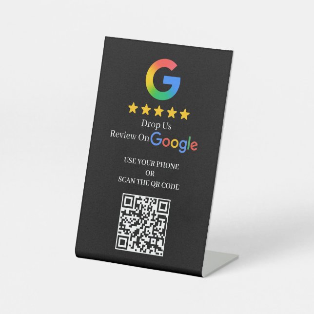 Simple Custom QR Google Review Black Pedestal Sign (Front)