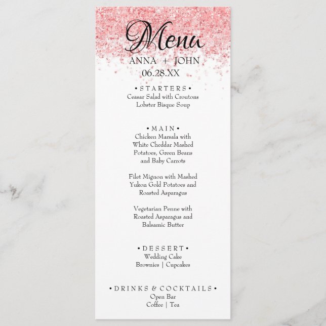 Simple Custom Text Pink Glitter Wedding Dinner Men Menu (Front)