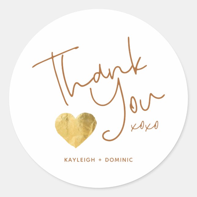 Simple Custom Thank You Copper and Gold Heart Classic Round Sticker (Front)